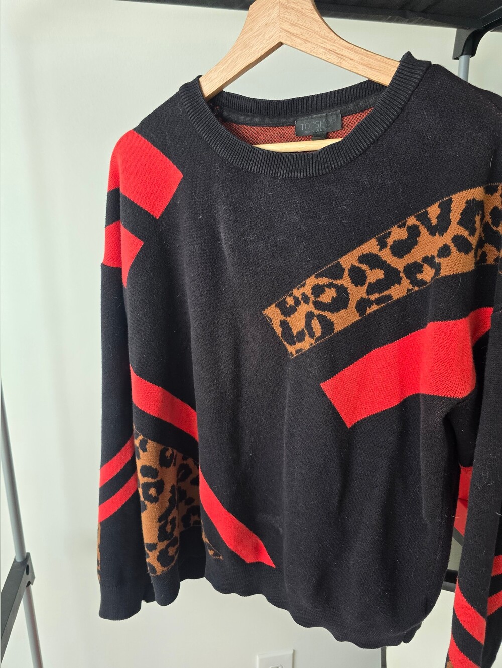 Topshop Black Sweater with Red and Brown Leopard Accent